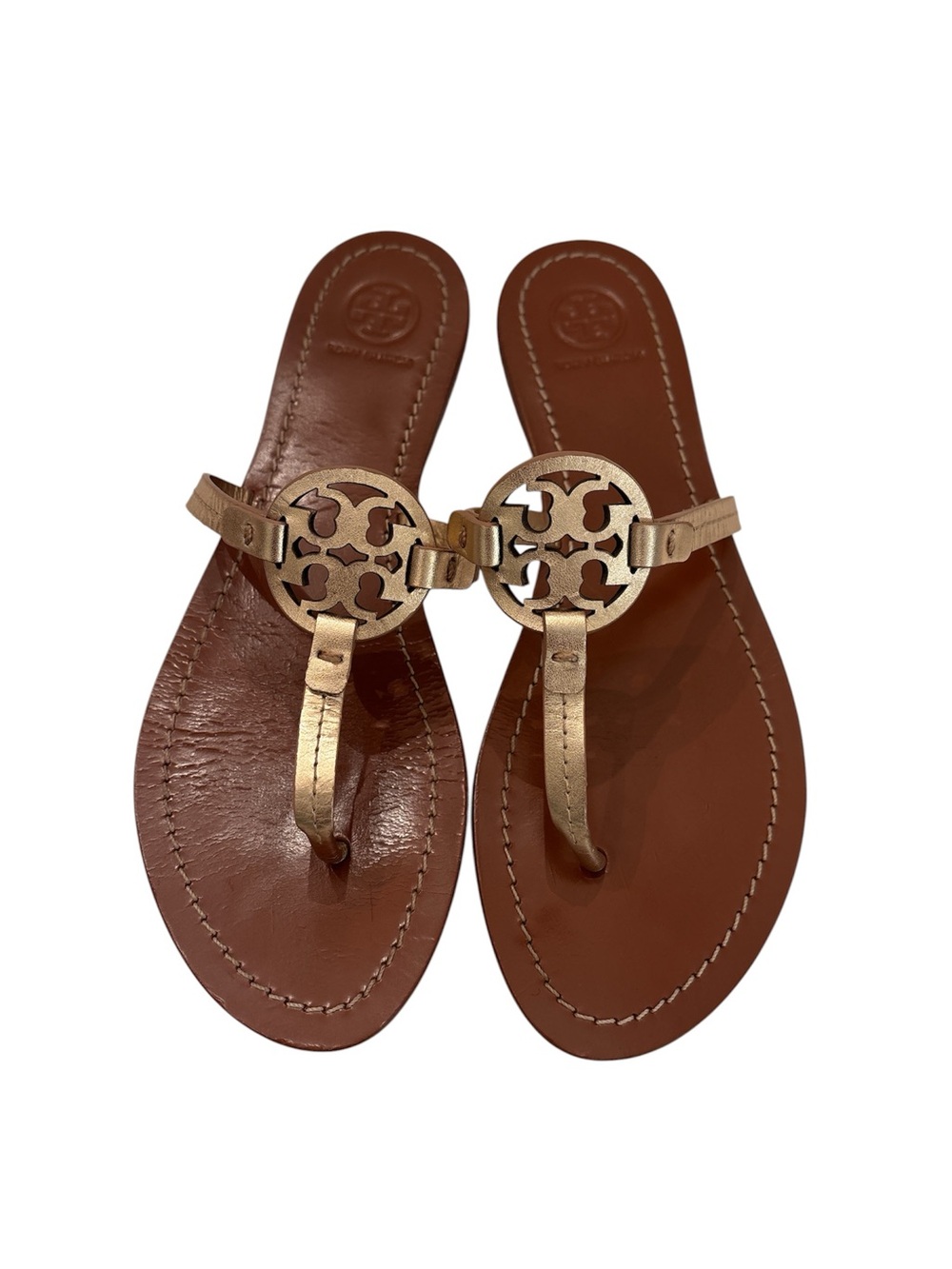 Tory Burch Brown Leather Sandals with Metallic Gold Logo